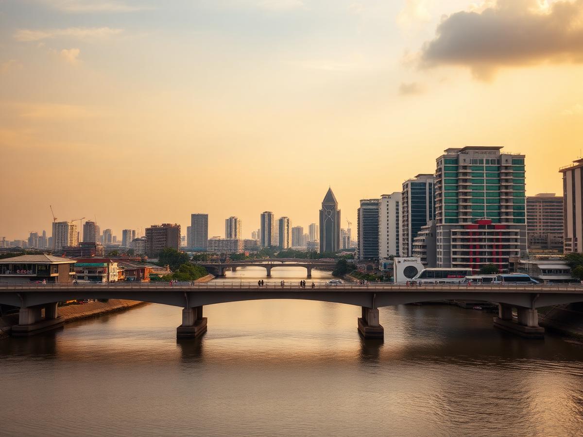 Lagos, Nigeria skyline across the lagoon in warm afternoon light