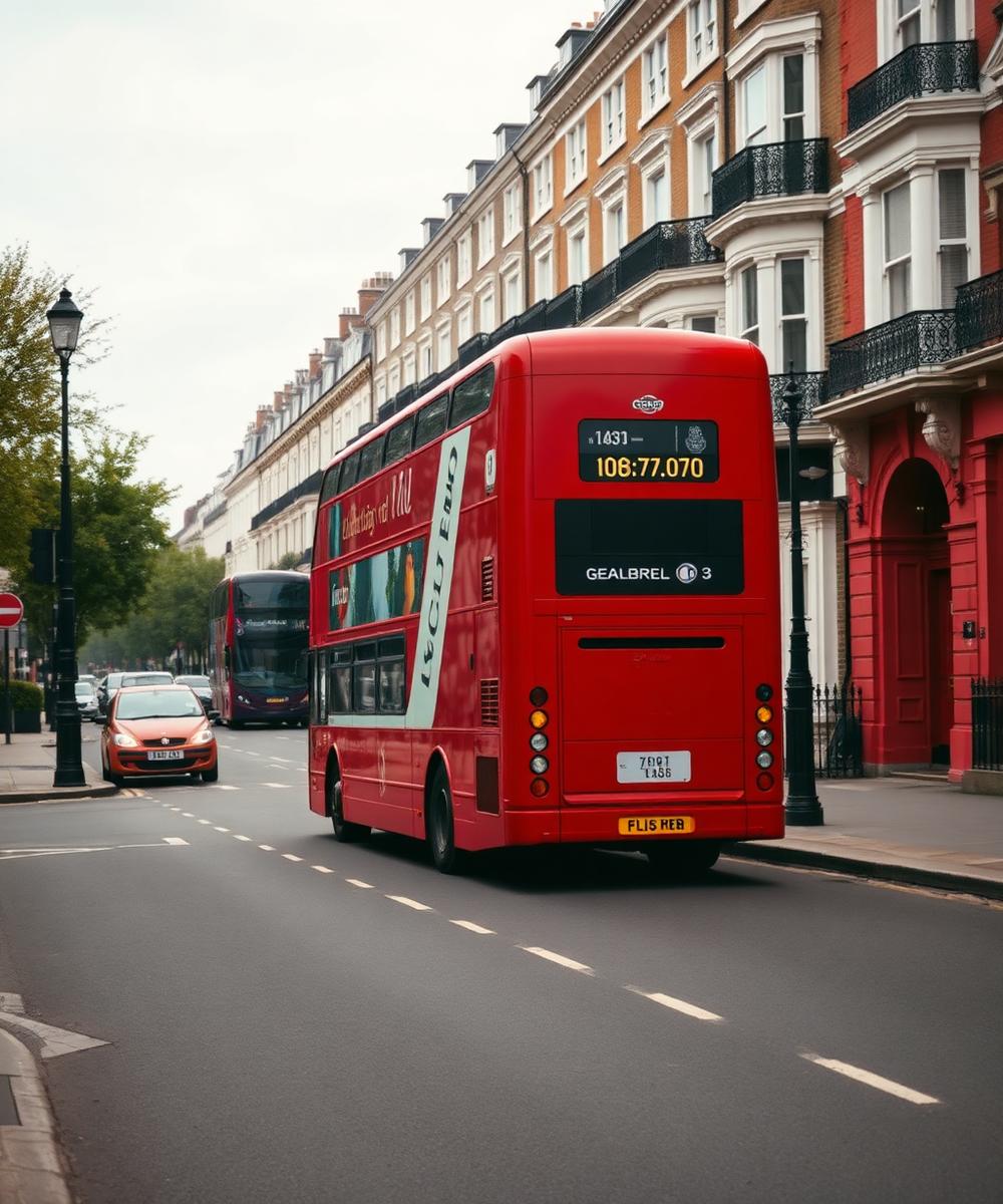 A London street with a red double-decker bus and terraced houses